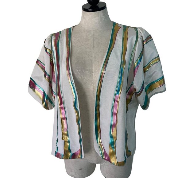 Terry Toni Vintage Womens Jacket Size Medium White Hand Painted Short Sleeve - Picture 8 of 10
